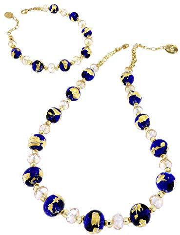 Venetiaurum - Set aus Halskette und Armband. Mit Perlen aus Original-Muranoglas und 18 karätigem Gold plattiert Silber 925 – Schmuck “Made in Italy” zertifiziert