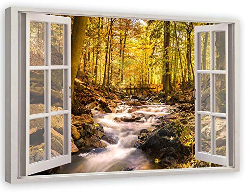 Feeby Leinwand Bilder - Bild Wohnzimmer - Fensterblick Fluss im Wald Herbst - 120x80 cm XXL 1tlg - Deko Schlafzimmer Groß - Dekoration Canvas - Gemälde - Modern Wandbilder - Kunstdruck