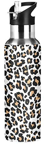 JUMBEAR Brown Leopard Print Water Bottle Acuum Insulated Stainless Steel Leakproof Wide Mouth with Straw Lid for Fitness Gym and Outdoor Sports 22OZ