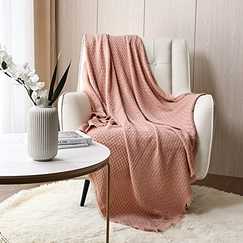 CREVENT Farmhouse Waffelstrick-Überwurfdecke für Couch, Sofa, Stuhl, Bett, Heimdekoration, weich, warm, gemütlich, leicht, für Frühling, Sommer, Herbst, 127 x 152 cm, Korallenrosa