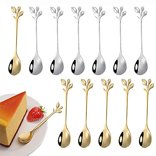 Srcasy 12 Pièces Cuillère à Café en Feuille d'acier Inoxydable, Cuillère à Café Feuille, Mini Cuillère Café, Petites Cuillères à Dessert, Cuillères à Café, pour l'eau thé Lait