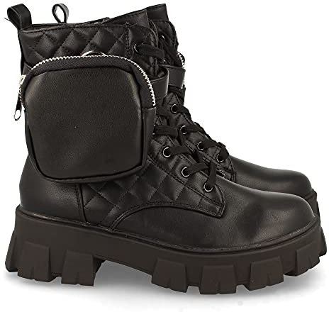 shoes&blues.es 61607-Botin de Plataforma para Mujer, con Suela Dentada, Bolsillo con Cremallera, Acolchado, y Cierre de Cordones, Otono Invierno 2021. Talla 39 Negro