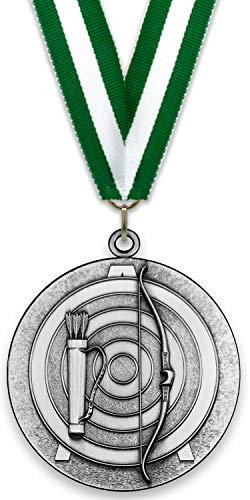 Emblemarket – Anpassbare Metallmedaille – Bogenschießen – Silber Farbe – 6,4 cm – Auswahl an Bändern enthalten