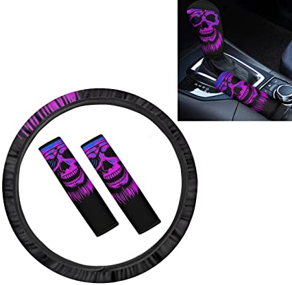 Howilath Autozubehör mit Totenkopf-Druck, universelle Passform, Auto-LKW, Sicherheitsgurtpolster, Handbremsenabdeckung, Schaltabdeckung, Lenkradbezug