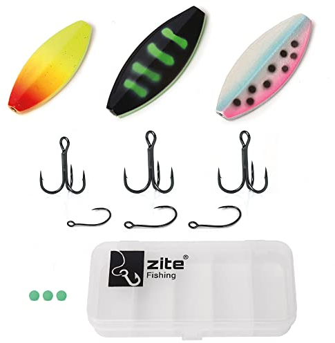Zite Fishing Inline-Spoon Set 13-TLG – Durchlauf-Blinker Forelle Barsch – Ultra Light Köder 2-3,5g mit Köderbox Haken Gummi-Perlen (Neon)