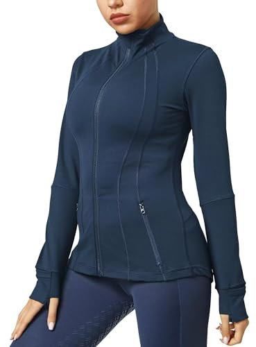 QUEENIEKE Women's Slim Fit Running Jackets - Long Sleeves Athletic Workout Gym Tops with Back Mesh Vent & Thumb Holes (True Navy, Medium)