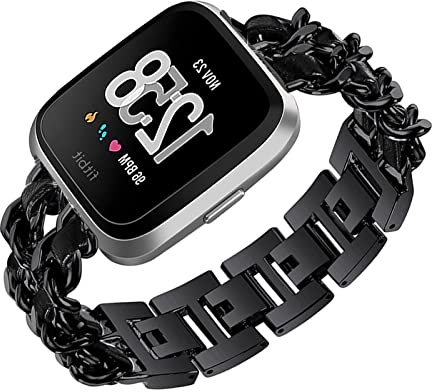 Metall mit Leder Armbänder für Fitbit Versa Lite/Fitbit Versa 2/Fitbit Versa Armband, Damen Armband Edelstahl Ersatzarmband kompatibel mit Fitbit Versa Lite/Fitbit Versa 2/Fitbit Versa (E)