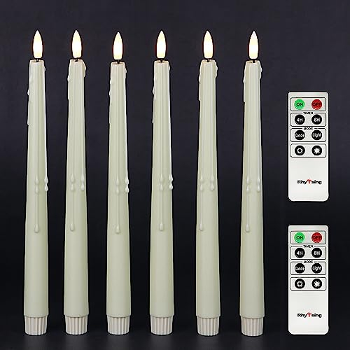 Rhytsing Natural White Flameless Taper Candles with Timer Function, Battery Operated Dinner Long Candlestick Wax Drip Design, Warm White LED, 2 Remotes Included - Set of 6-29cm