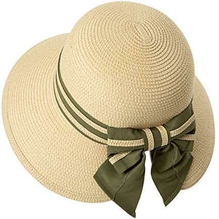 Comhats Sombreros de sol para mujer UPF 50 de ala ancha, sombrero de paja para playa, verano, plegable, cola de caballo con lazo, verde (89016_green bow), L