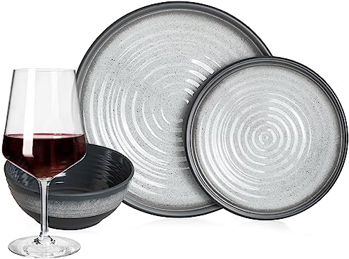 Melamin Camping Geschirr Set 4 Personen Stone Grey + 4 Milano Rotwein Gläser Rot Weingläser Tafelgeschirr Picknick BBQ Kochgeschirr