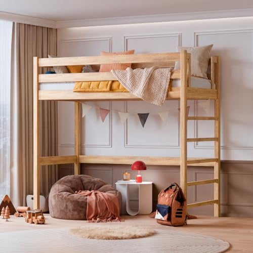 N-wood N01 Hochbett, Etagenbett 90x200 cm, aus Eichenholz, 2 Leitermontageseiten: Links oder rechts, sichere abgerundete Kanten, Stabile Massivholzkonstruktion, inklusive Lattenrost, Natureiche