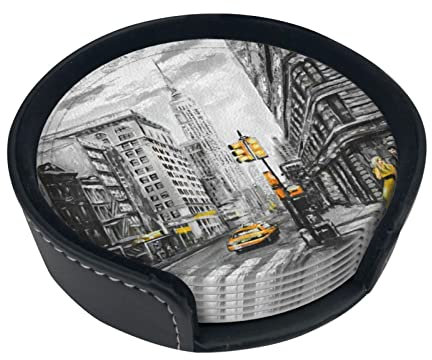 Love From New York Lot de 6 sous-verres ronds en cuir avec support pour diverses tasses, tables, décoration d'intérieur, 9,9 cm