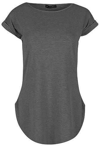 Ladies Curved Hem Jersey Plain Top Womans Round Neck Turn Up Cap Sleeve T Shirt (10, Dark Grey)