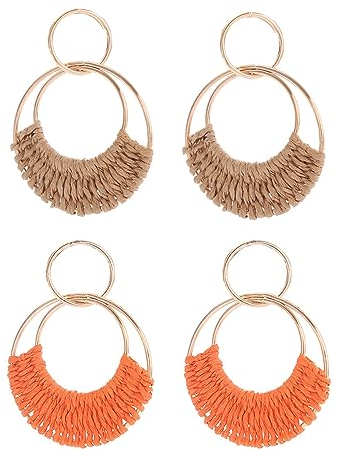 FDEETY Ohrringe für Damen Bohemian Raffia Hoop baumeln Ohrringe Hand gefertigte Stroh Wicker Rattan Ohrringe Runde Ohrringe (Khaki + Orange)
