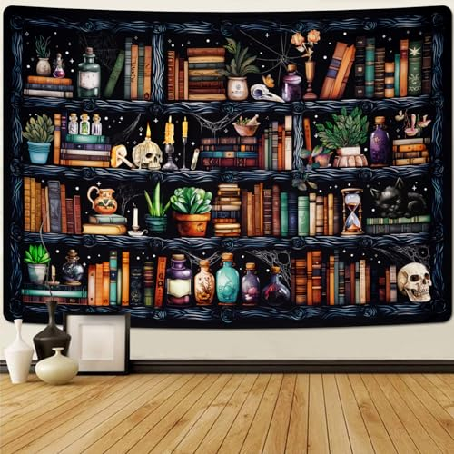 Uspring Wandteppich mit magischem Buch, Gothic-Totenkopf-Design, Vintage, botanisch, schwarze Katze, Wandbehang für Schlafzimmer, Heimdekoration (150 x 210 cm)