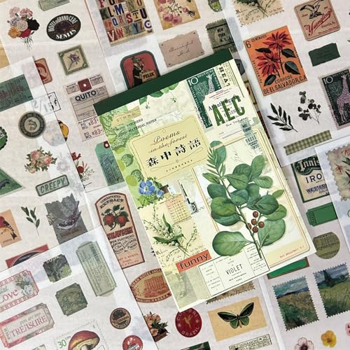 Ta Merry Scrapbook Bullet Journal zubehör Stickers 50 Blatt 430pcs,Aesthetic Washi Sticker Vintage Stickerbuch Erwachsene Zubehör Aesthetic Set für Fotoalbum,Scrapbooking,Journaling(Forest Poetry)