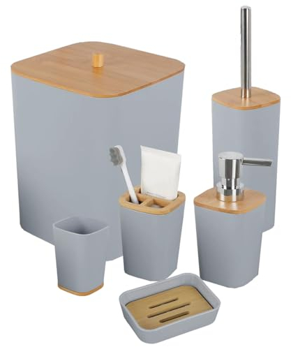 JETAINE 6 Pieces Bamboo Bathroom Accessories Bathroom Accessory Set, Luxury Modern Plastic Bath Set, Toilet Accessories Set Trash bin, Toothbrush Holder Cup, Soap Dish Holder, Soap Dispenser Gift