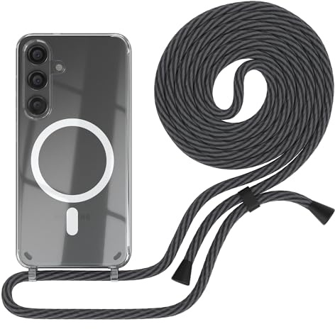 EAZY CASE - Handykette kompatibel mit Samsung Galaxy S24 Kette zum Umhängen Stoßfest Handyhülle für Galaxy S24 Silikon Hülle mit Band Handytasche Transparent in Schwarz/Anthrazit - Clips Schwarz