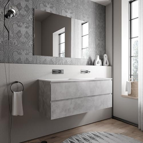 Bernstein Badmöbel-Set AVA 120cm bestehend aus Mineralguss-Doppel-Waschbecken mit Unterschrank in Beton, Waschtisch Bruxelles - Weiß matt ohne Hahnloch, Ideal für große Bäder