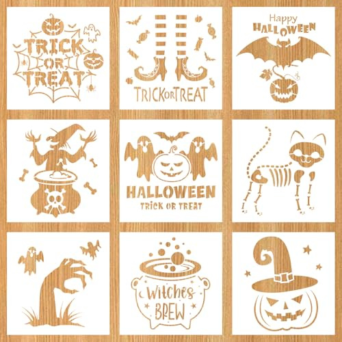 9pcs Pochoir Halloween, Réutilisables Pochoirs Dessin d'Halloween à Motifs Variés Peinture Aérosol Outils Peinture Faciles à Nettoyer Fournitures Décoration d'Halloween(Style 2)
