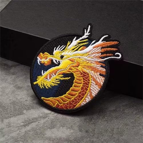 Viusneun Patches Klett Stickerei Chinese Dragon Klett Patch Lustiger Moral Emblem Aufnäher mit Klettverschluss Patch für Rucksäcke, Hut, Jacke, Kleidung (Gelb)