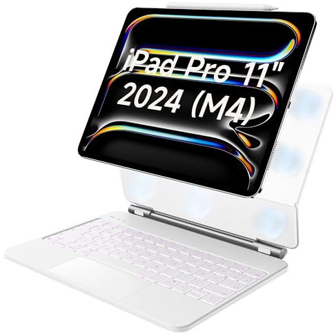 HOU Magic Keyboard iPad Pro 11 M4 2024, Nur für iPad Pro 11 Zoll 2024 (M4) Hülle mit Tastatur, multifunktionales Touchpad, 7 Farben 3 Stufen hinterleuchtet, QWERTZ deutsches Layout–Weiß