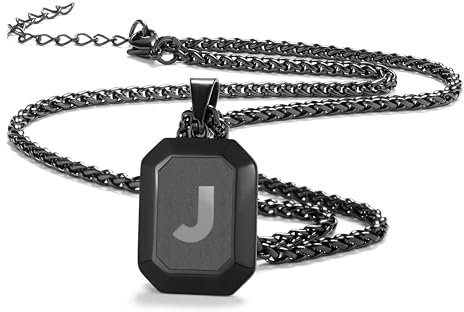 Initial A-Z Necklace for Men Boys, Stainless Steel Black Square Letter Pendant Chain for Mens, 20+2 Inch Wheat Chain Alphabet Monogram Dog Tag Necklaces Fathers Day Dad Gifts Jewelry Gifts(J)