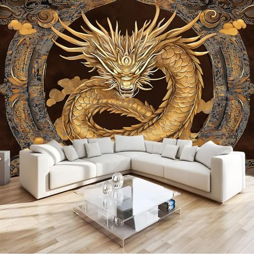 3D Papier Peint Panoramique Tapisserie Intissé Murales Dragon En Relief Doré, Papier Peint Enfant pour Salon Chambre Décoration Murale, Papier Peint 300x210 cm Chambre Enfant