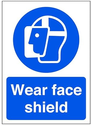 Wear face shield - safety sign, ppe clothing, ppe, protective clothing - High tack self-adhesive sticker (200mm x 150mm) Viewing Distance within 5m.