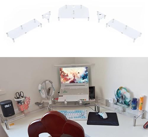 Monitorständer Großer Monitorständer aus Acryl für 3 Monitore, Computer-Monitorständer für Eckschreibtische mit Beinen aus Edelstahl, Durchsichtiger Bildschirmhalter mit Doppelter Laptop-Ablage(H 6.7c