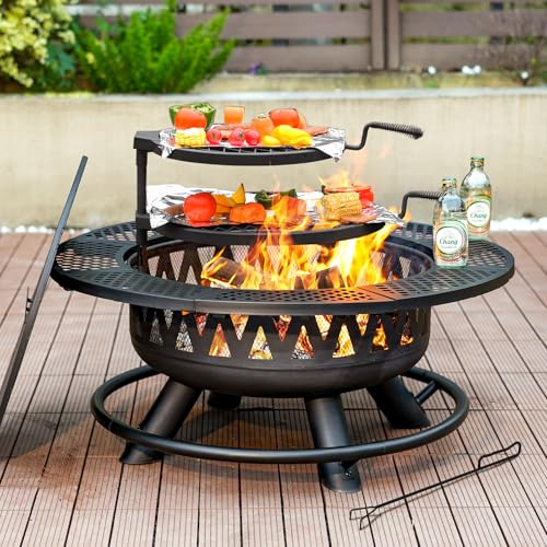 36 Inch Outdoor Fire Pit with 2 Grills,Wood Burning Outside Large Fireplace