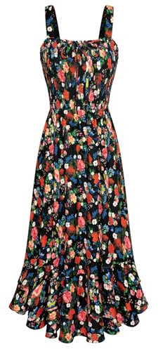 GRACE KARIN Robe longue d'été à bretelles florales pour femme, col carré, ourlet double couche, smocké, Noir avec rose rouge, XXL