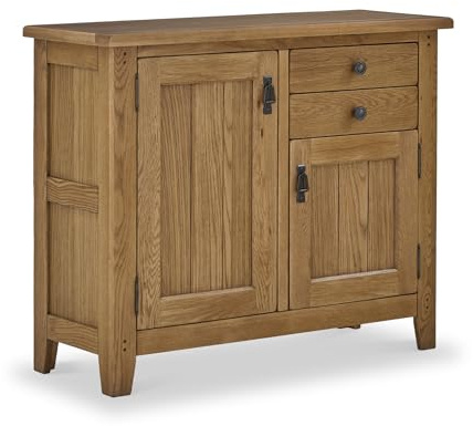 RoselandFurniture Broadway Oak Small Sideboard Cabinet for Living Room | Fully Assembled, Wooden Buffet Storage with 2 Doors and 2 Drawers, Waxed Finish, Traditional Rustic Style, H86cm W104cm D40cm