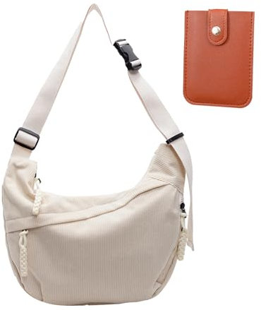 Thoquene Halbmond Tasche Damen, Crossbody Bag Cord, Verstellbarer Moon Crossbag(Beige)
