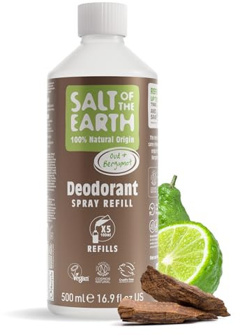 Salt of the Earth - Natural Deodorant Spray Refill - Oud & Bergamot - 100% Natural Origin Ingredients - Vegan - Suitable for Men, Women & Children - 500ml