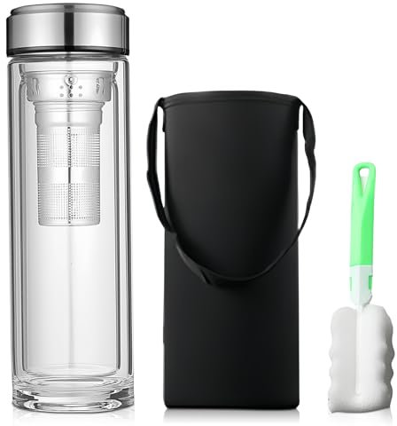 LEKEFETO Bouteille à thé de 1 l avec passoire à emporter - Bouteille en verre de 1 l - Avec brosse de nettoyage pour tasses - Bouteille à thé à double paroi pour thé parfumé - Thé aux fruits (avec