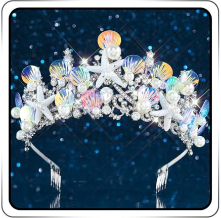 Ushiny Meerjungfrau Kostüm Stirnband Seesterne Perlen Tiara und Krone Silber Festival Sparkly Shell Haar Zubehör für Frauen