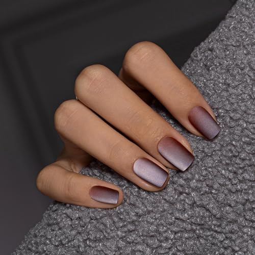 KQueenest Matt Cat Eye Press On Nails Kurz, Dunkel Kastanienbraun Nägel zum Aufkleben Sarg, Sparkle Fake Nails, Hochwertige Acryl Nägel Frauen, Samtiges Dunkel Chrom Effekt, 30 Stück