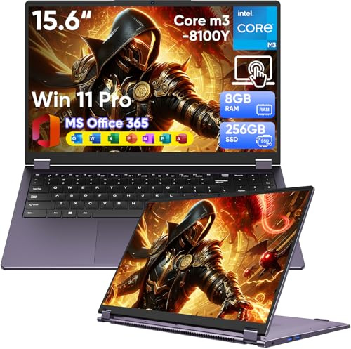 15,6 Zoll Laptop Computer 2-in-1, Win 11 Pro 16 GB RAM 512 GB SSD Core m3 8100Y (bis zu 3,40 GHz), MS Office 365 ultradünn, FHD-Touchscreen, Wi-Fi 5, BT5.1, RJ45, Tastatur mit Hintergrundbeleuchtung