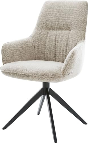 DELIFE Esszimmerstuhl Zelia-Flex mit Armlehnen Kreuzgestell breit Schwarz Webstoff Soft Beige 360° drehbar Wippfunktion Taschenfederkern