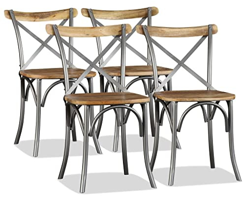 Yisssmeng Esszimmerstühle 4er Set Mangoholz Massiv 51x52x84 cm Kreuzlehne aus Stahl Modernes Industrial Design Robust & Langlebig Küche Esszimmer Restaurant für Living Room Wohnzimmer Loft