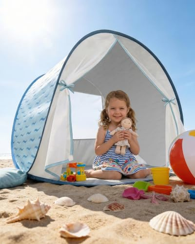 Tente de Plage pour bébé avec Protection UV UPF 50+, Tente de Plage Pop-up pour Enfants et bébés, Montage Automatique, Protection Contre Le Vent, avec Sac de Transport et piquets (Bleu)