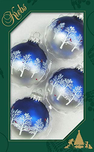 Krebs Glas Lauscha Weihnachtsdekoration/Christbaumschmuck aus Glas - Weihnachtskugeln - Motiv: Blau/Silber Winterwald - 4 Stück - Größe: ca. 7 cm