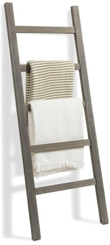 MyGift Wall-Leaning Rustic Gray Wood Ladder-Style Blanket Rack