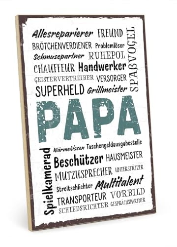 TypeStoff Holzschild mit Spruch – PAPA WORDCLOUD – im Vintage-Look mit Zitat als Geschenk und Dekoration - HS-00584