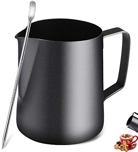 TechKen Milchkännchen,Milchkanne Edelstahl,Barista Zubehör Kaffee Milch Kännchen für Espresso Cappuccino (Schwarz 350ml/12 FL.oz Edelstahl)
