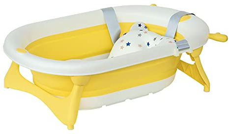 HOMCOM Bañera Plegable para Bebé Bañera Bebé 0-3 Años 81,5x50,5x23,5 cm con Tapón Termosensible Cojín y Almohadillas Antideslizantes Amarillo