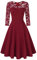 KOJOOIN Women's Floral Lace Dress Round Neck Cocktail Party Dress Vintage Swing Dress Wine Red-01 Long Sleeve M