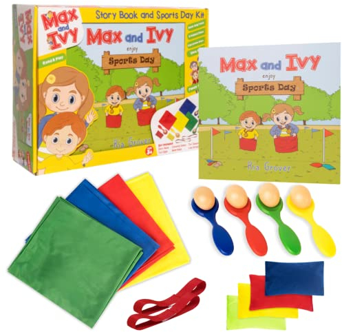 Max and Ivy enjoy Sports Day – 18-Piece Indoor Outdoor Games Set for Children Ages 3-7 – Bean Bag Toss, Egg & Spoon Race, Sack Race – Educational Read & Play Concept