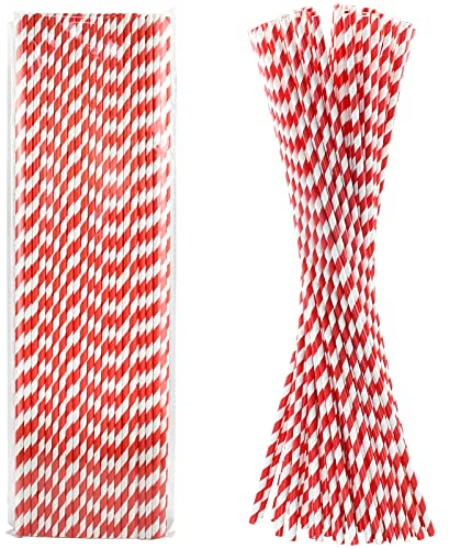 46CM Extra lange Papiertrinkhalme für große Getränke, DIY-Kunsthandwerk, Zuckerwattestäbchen - rot/weiß gestreift, 100 Stück - 100% biologisch abbaubar